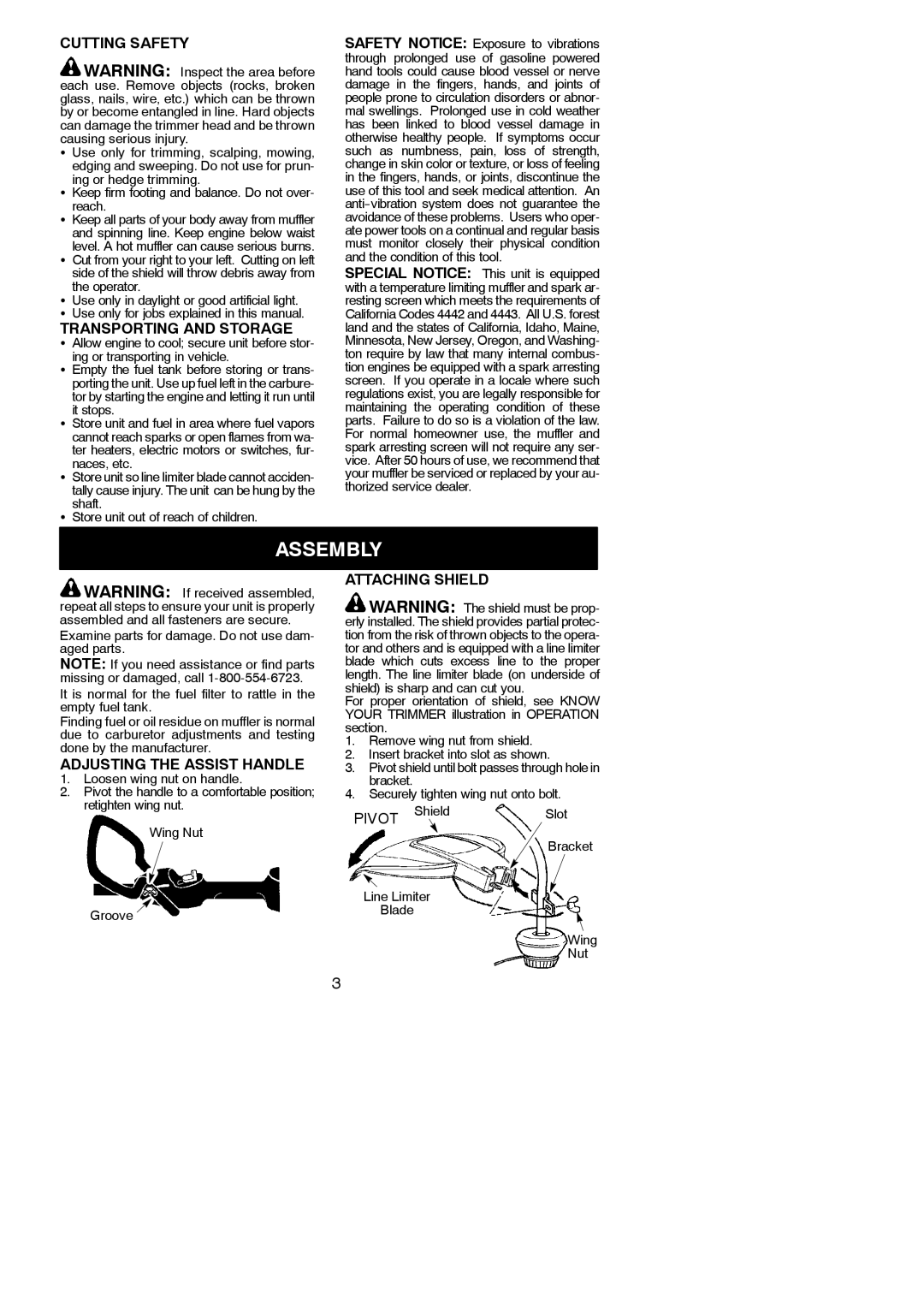 Poulan TE475, TE475Y Assembly, Cutting Safety, Transporting and Storage, Adjusting the Assist Handle, Attaching Shield 