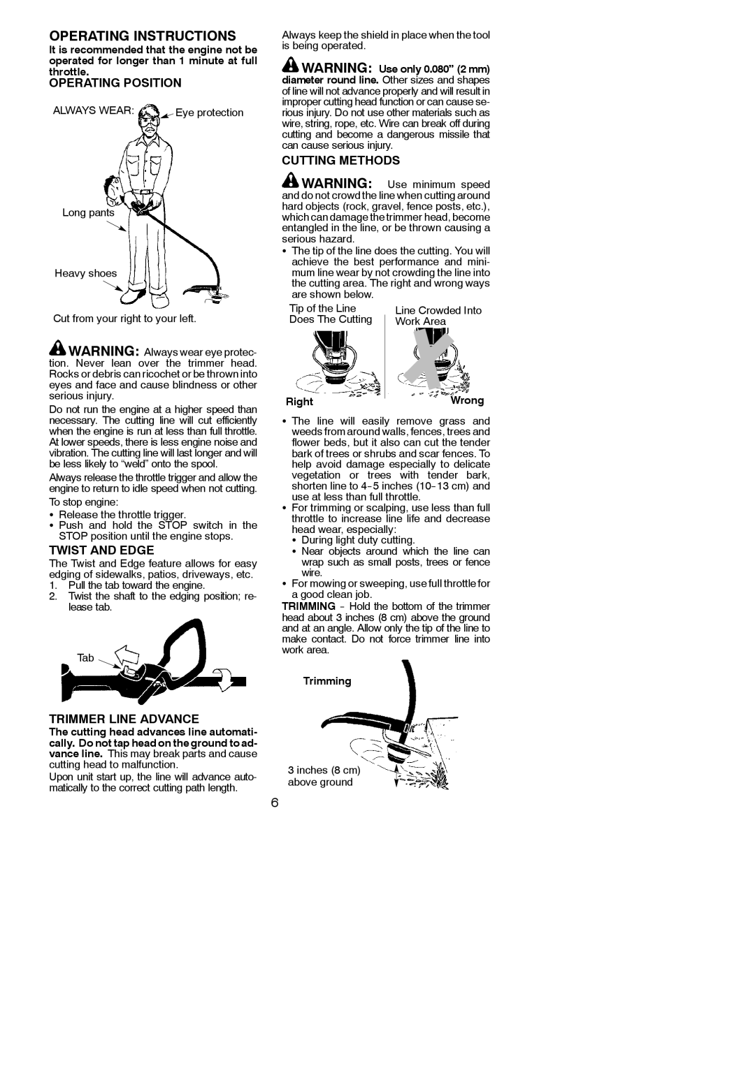 Poulan TE475, TE475Y instruction manual Operating Position, Twist and Edge, Cutting Methods, Trimmer Line Advance 