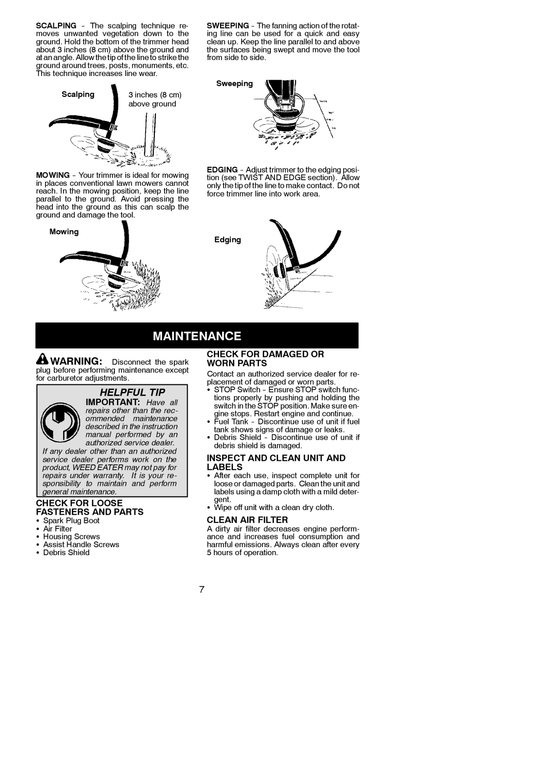 Poulan TE475, TE475Y Maintenance, Check for Loose Fasteners and Parts, Check for Damaged or Worn Parts, Clean AIR Filter 