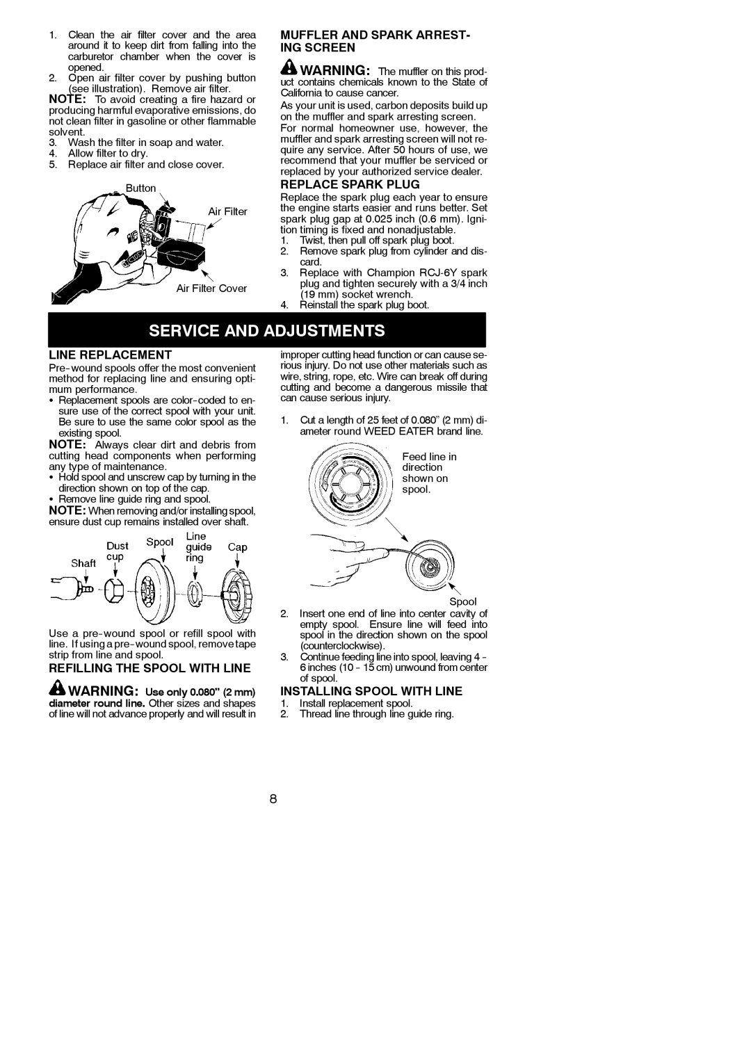 Poulan TE475, TE475Y instruction manual Service and Adjustments 