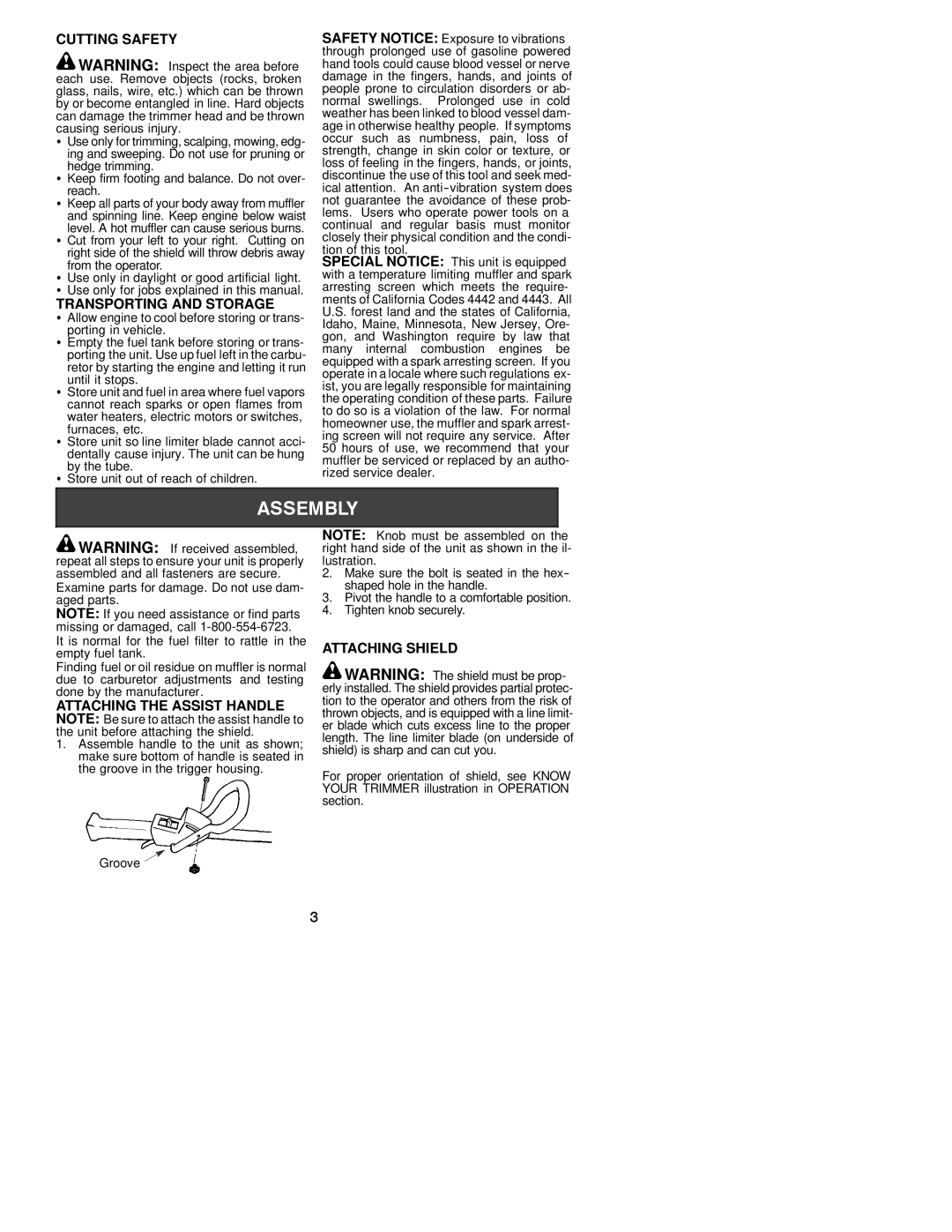 Poulan TE500CXL instruction manual Cutting Safety, Transporting and Storage, Attaching Shield, Tion of this tool 