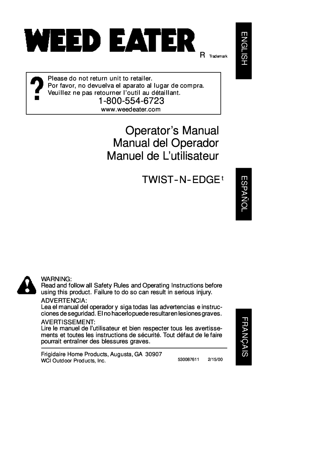 Poulan TWIST--N--EDGEt manual Please do not return unit to retailer, Advertencia, Avertissement, Manuel de L’utilisateur 