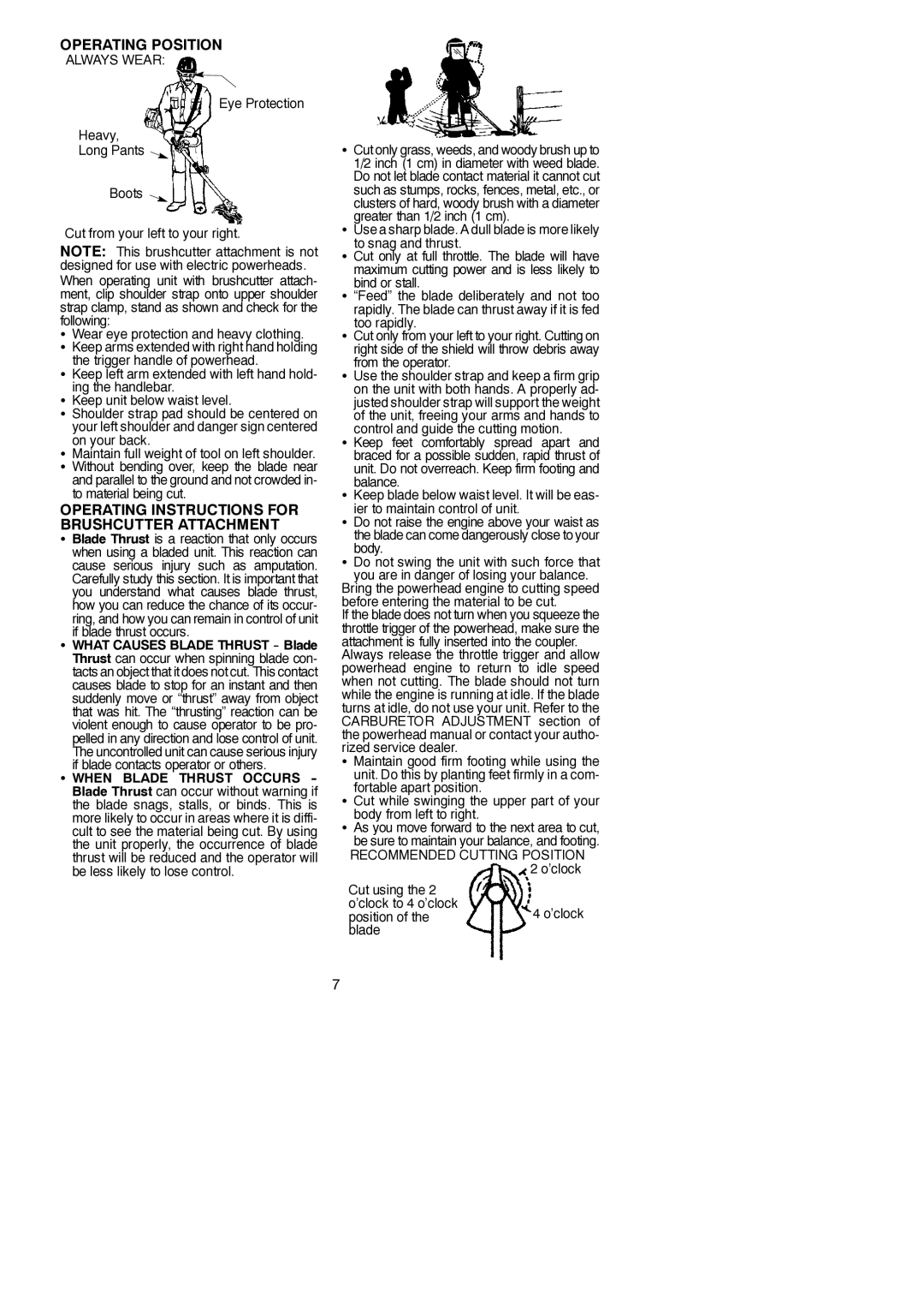 Poulan U4000C instruction manual Operating Position, Operating Instructions for Brushcutter Attachment 