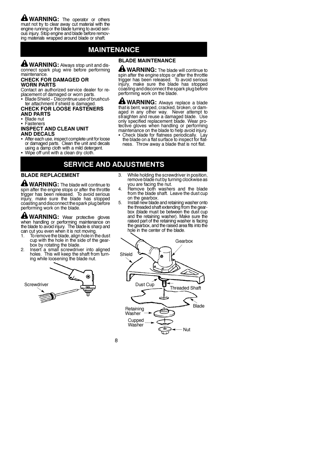 Poulan U4000C instruction manual Maintenance, Service and Adjustments 