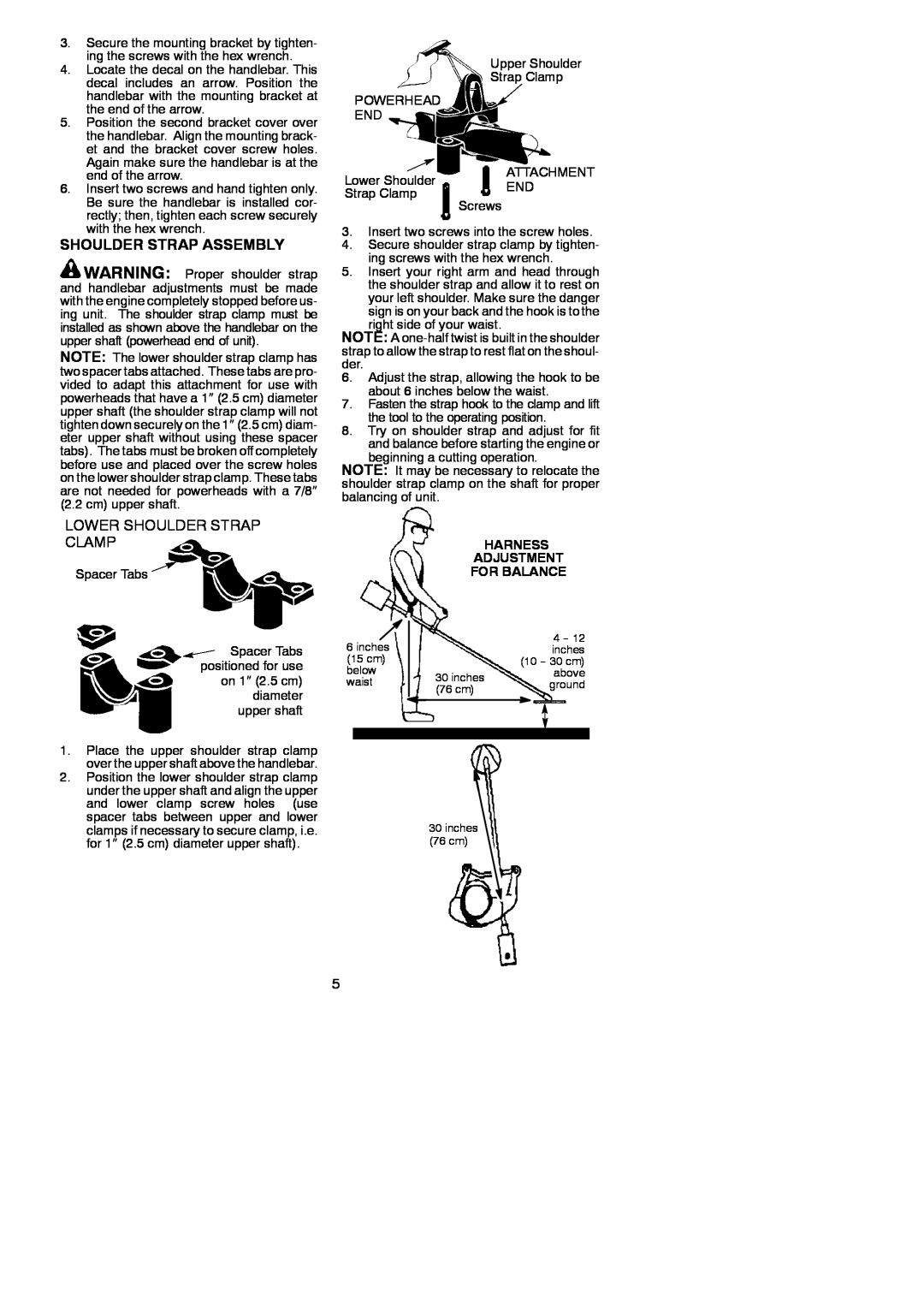 Poulan U4000C instruction manual Shoulder Strap Assembly, Lower Shoulder Strap Clamp, Harness Adjustment For Balance 