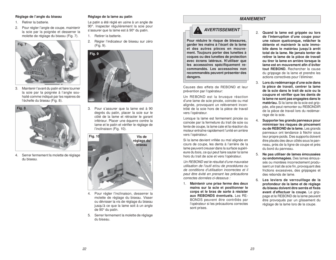 Poulan V28 manual Maniement, Réglage de l’angle du biseau Réglage de la lame au patin, Vis de, Réglage du, Biseau 