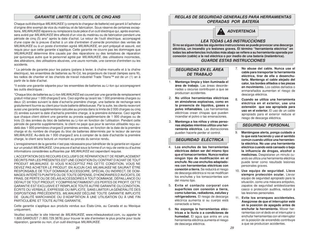 Poulan V28 manual Garantie Limitée DE L’OUTIL DE Cinq ANS, Guarde Estas Instrucciones, Seguridad EN EL Área DE Trabajo 