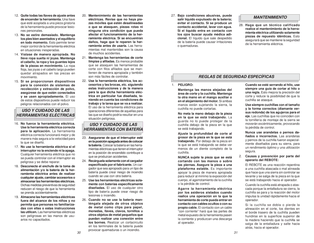 Poulan V28 manual Mantenimiento, Reglas DE Seguridad Específicas, USO Y Cuidado DE LAS Herramientas Eléctricas 