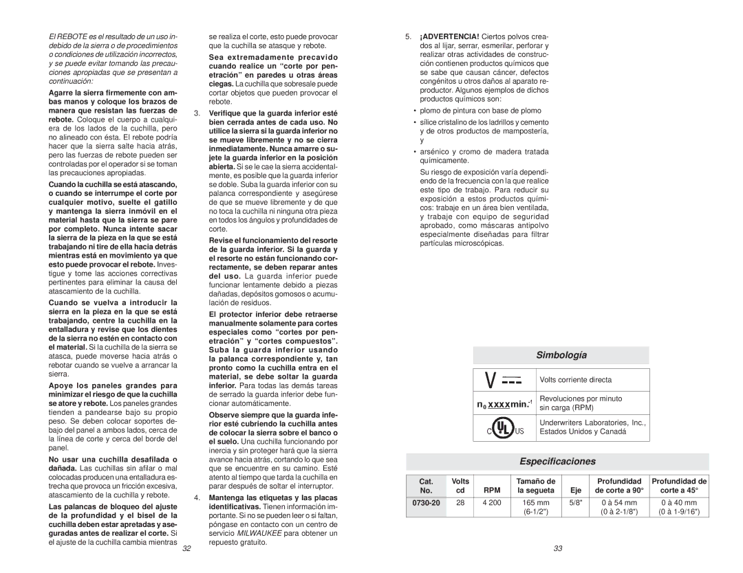 Poulan V28 manual Simbología, Especiﬁcaciones, Cat Volts Tamaño de Profundidad, Eje 