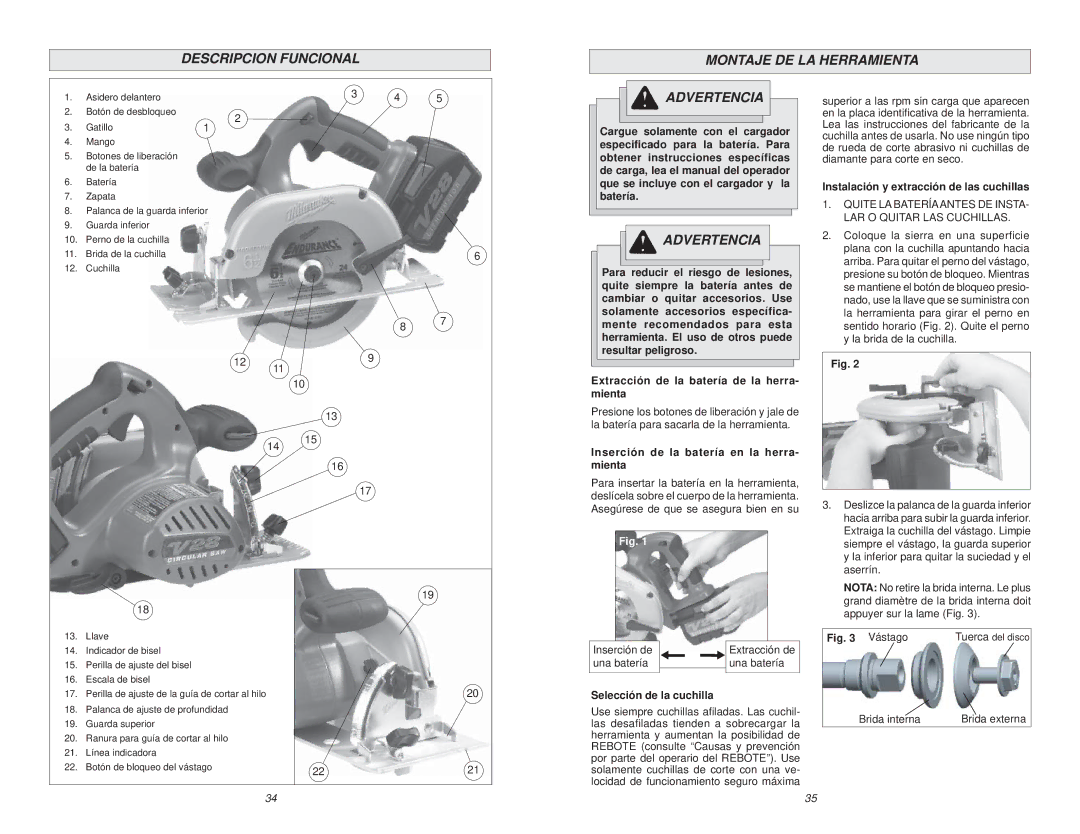 Poulan V28 manual Descripcion Funcional Montaje DE LA Herramienta, Instalación y extracción de las cuchillas 