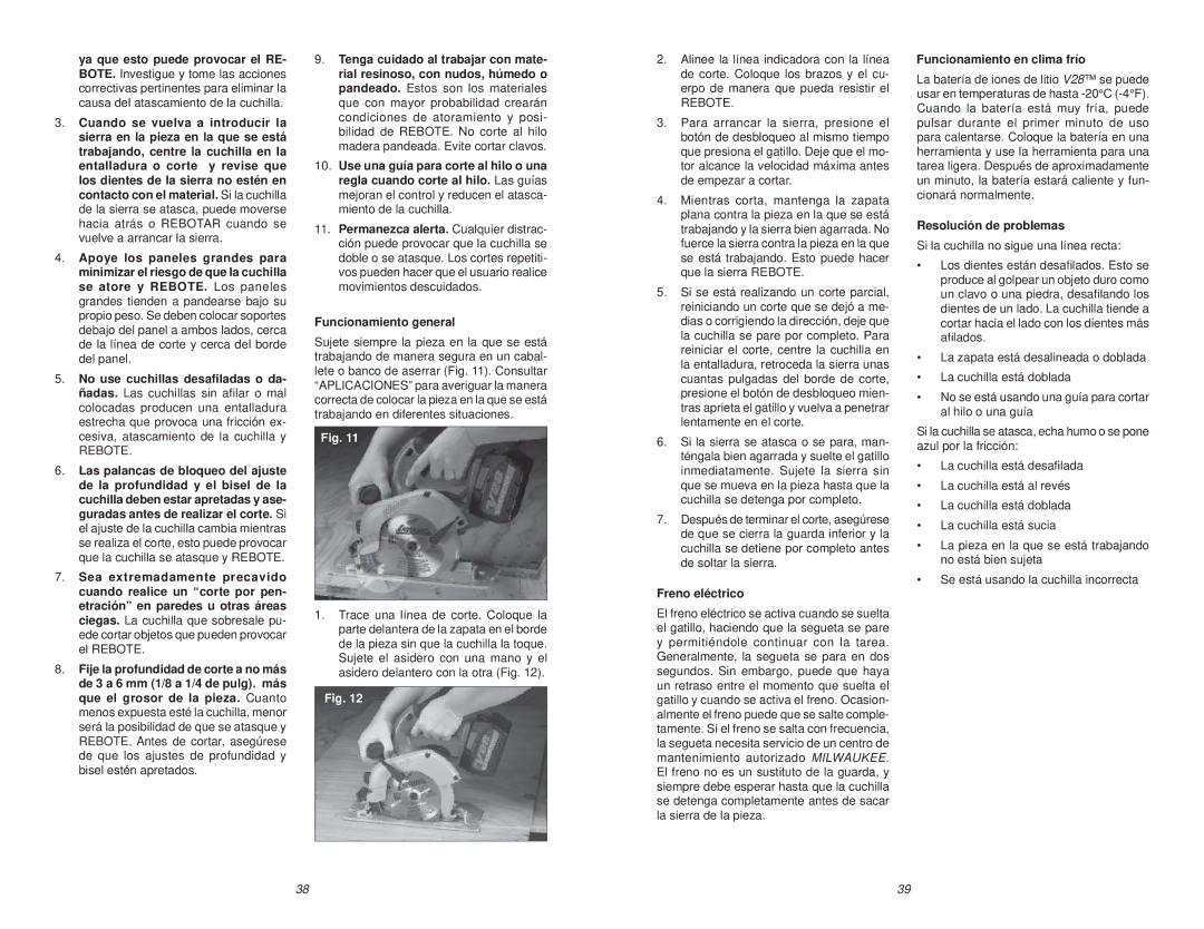 Poulan V28 manual Rebote, Funcionamiento general, Freno eléctrico, Funcionamiento en clima frío, Resolución de problemas 