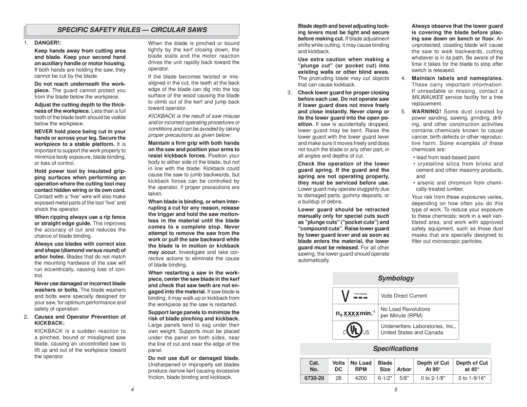 Poulan V28 manual Specific Safety Rules Circular Saws, Symbology, Speciﬁcations 