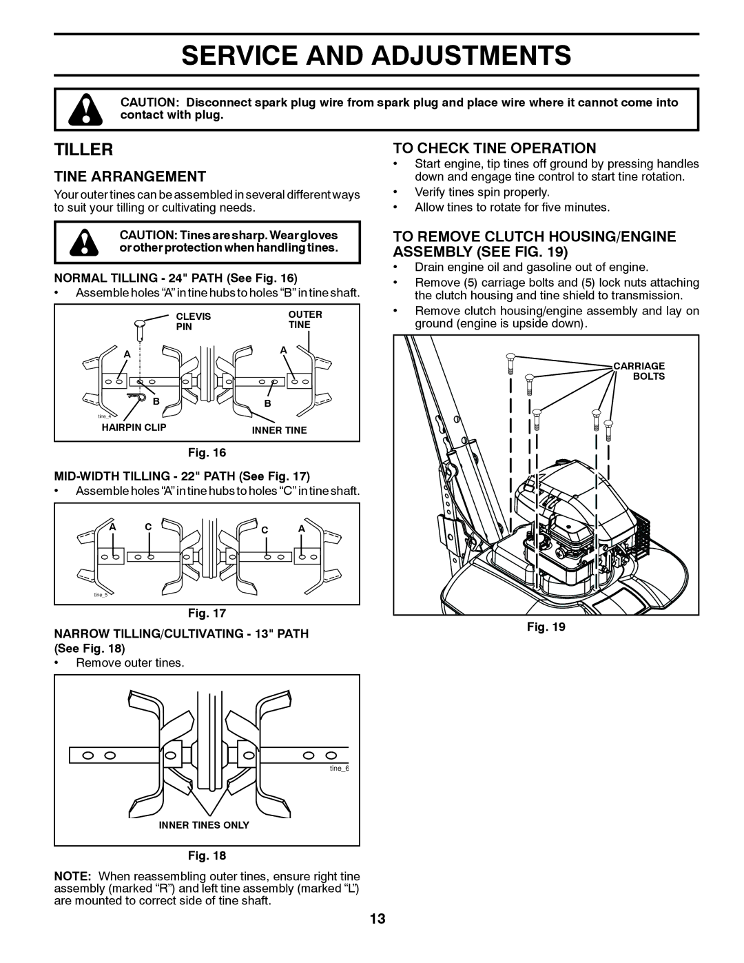 Poulan 96082001500, VF550, 433552 manual Service and Adjustments, Tiller, Tine Arrangement, To Check Tine Operation 