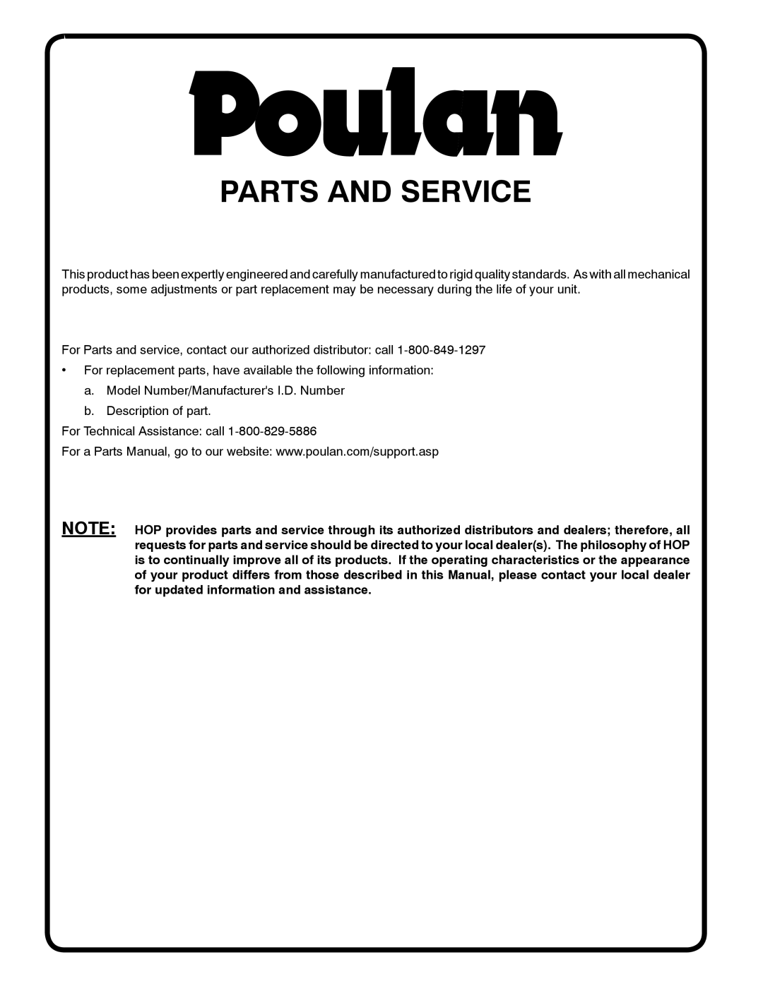 Poulan 433552, VF550, 96082001500 manual Parts and Service 