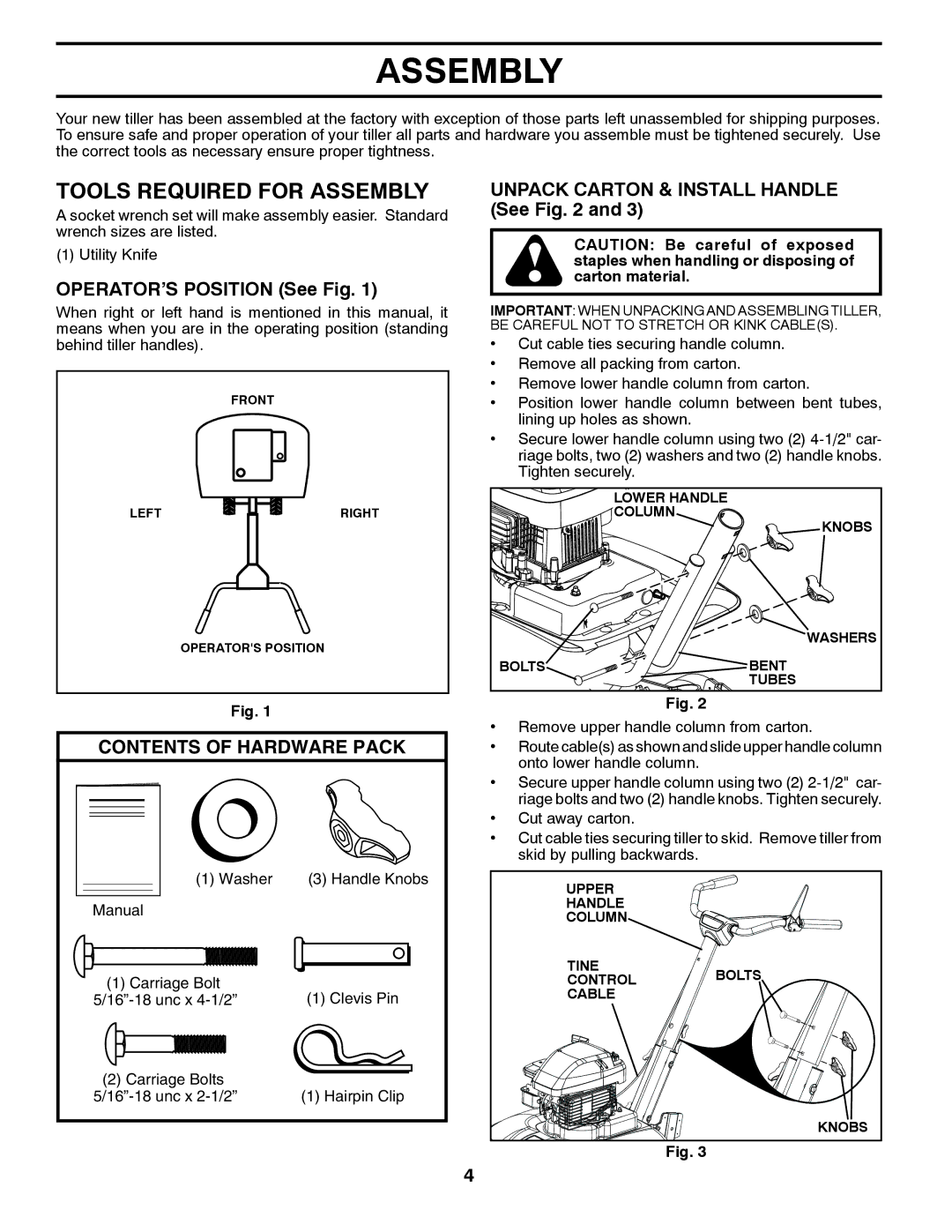 Poulan 96082001500, VF550, 433552 manual Tools Required for Assembly, Contents of Hardware Pack 