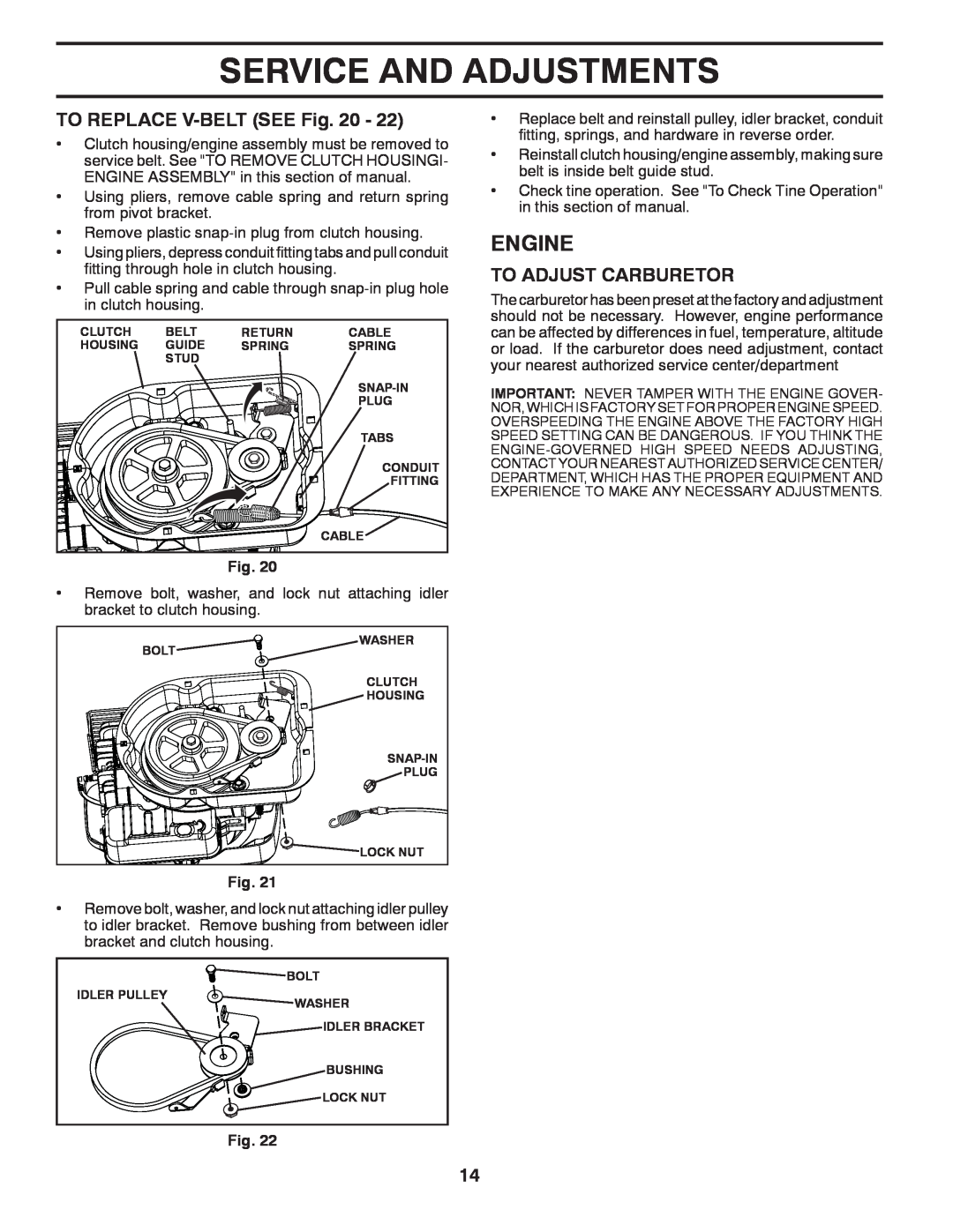 Poulan 433552, VF550, 96082001500 manual TO REPLACE V-BELT SEE Fig, To Adjust Carburetor, Service And Adjustments, Engine 