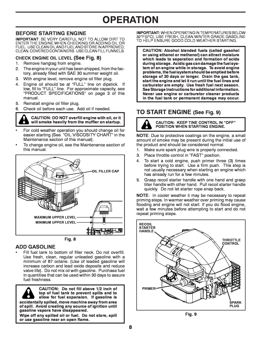 Poulan 433552, VF550, 96082001500 manual TO START ENGINE See Fig, Before Starting Engine, Add Gasoline, Operation 