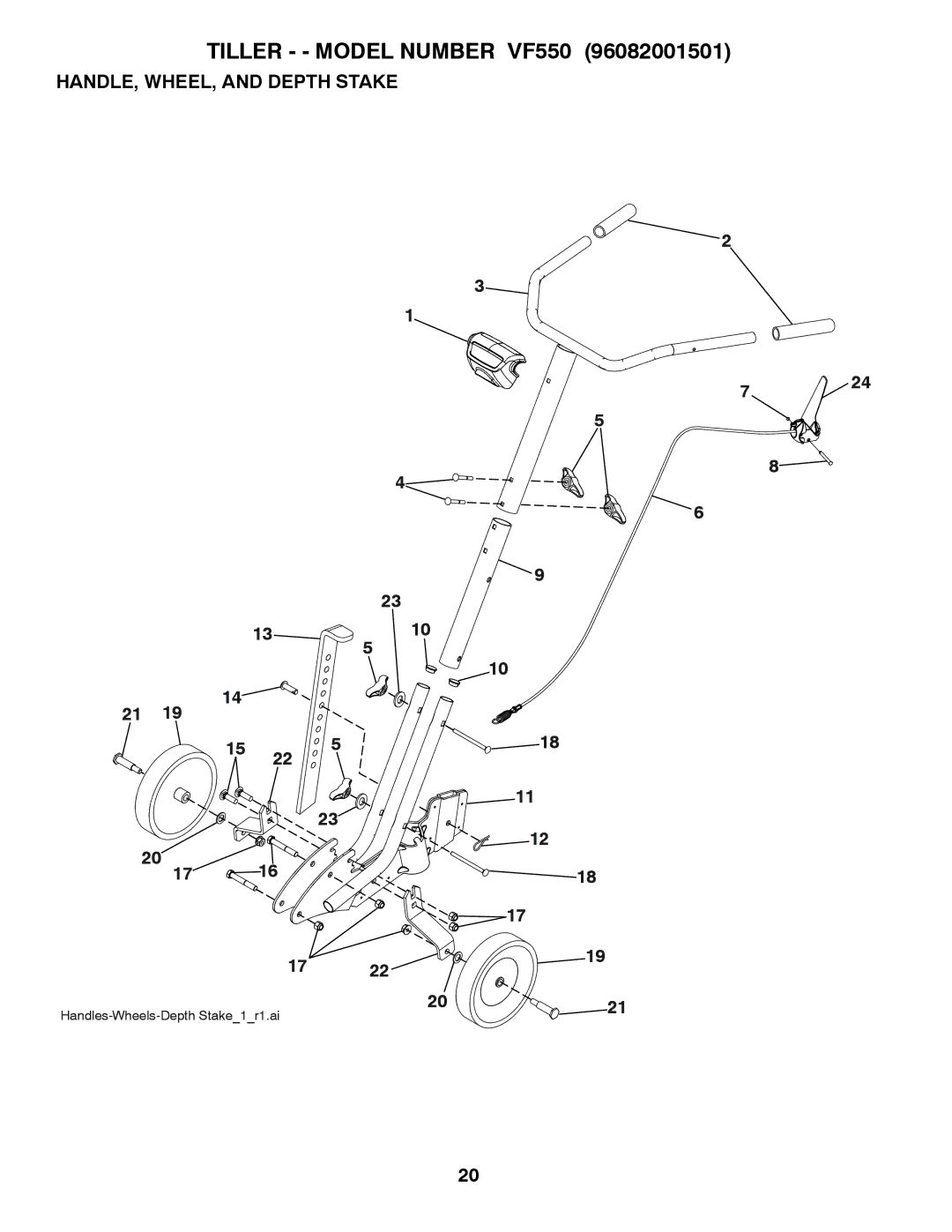 Poulan VF550 manual HANDLE, WHEEL, and Depth Stake 