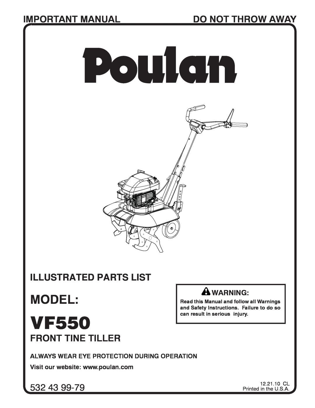 Poulan 96082001500, 433552 manual Model, VF550, Important Manual, Do Not Throw Away, Operators Manual, Front Tine Tiller 