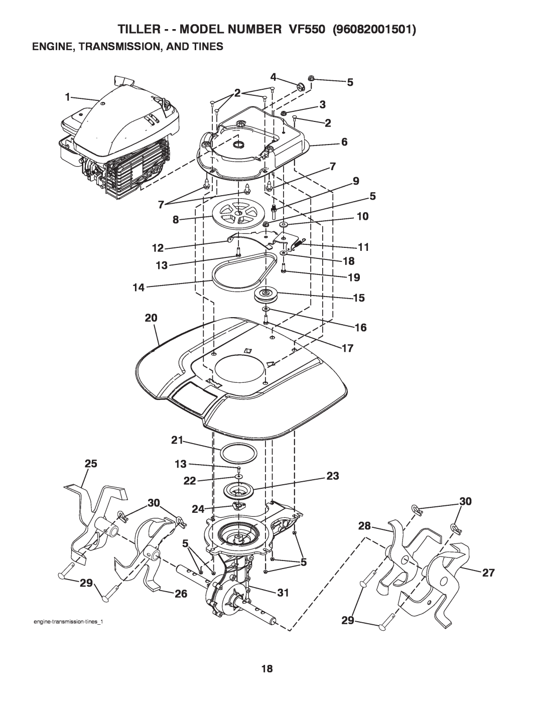 Poulan manual Engine, Transmission, And Tines, TILLER - - MODEL NUMBER VF550, 1 25 29, engine-transmission-tines 