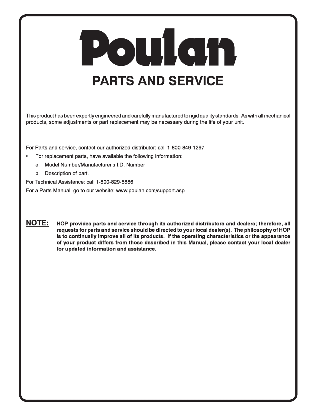 Poulan VF550 manual Parts And Service 