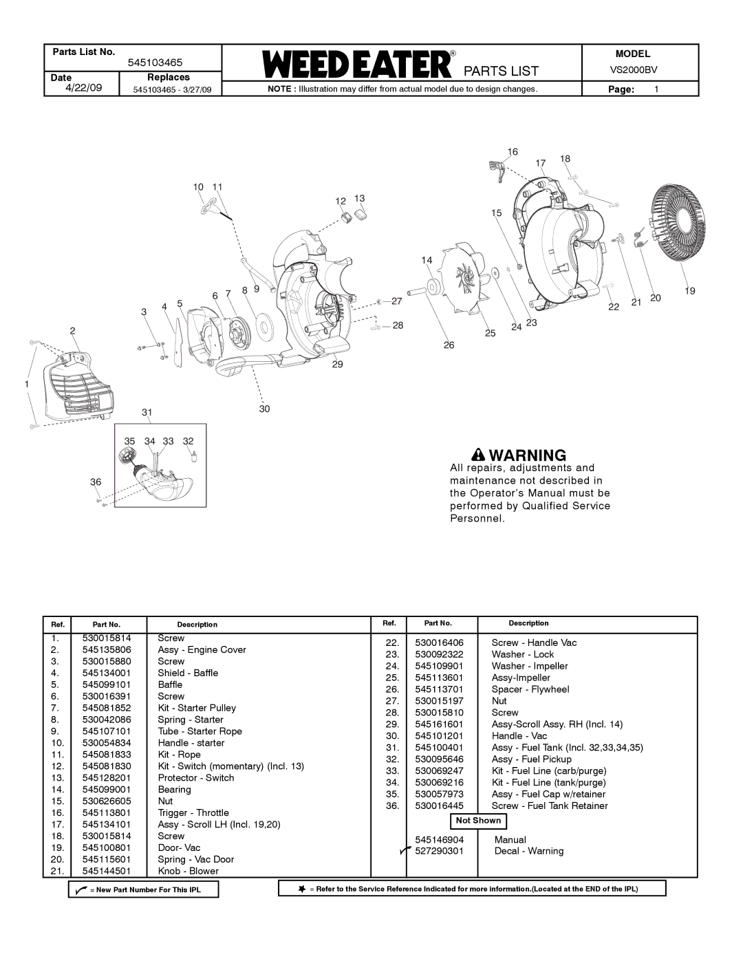 Poulan VS2000BV manual Parts List 