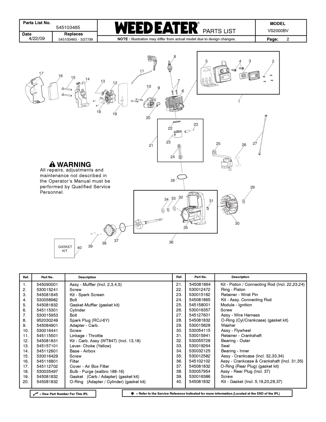 Poulan VS2000BV manual Screw 530012472 Ring Piston, Kit Spark Screen 530015162 Retainer Wrist Pin, Cylinder 530016357 Screw 