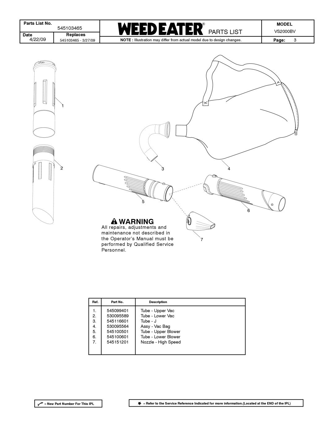 Poulan VS2000BV manual Parts List 