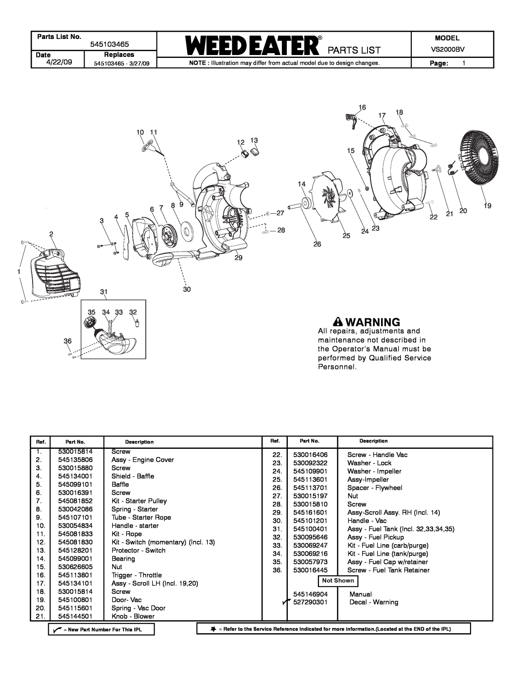 Poulan VS2000BV manual 545103465, Parts List No, DateReplaces, Model, Page 
