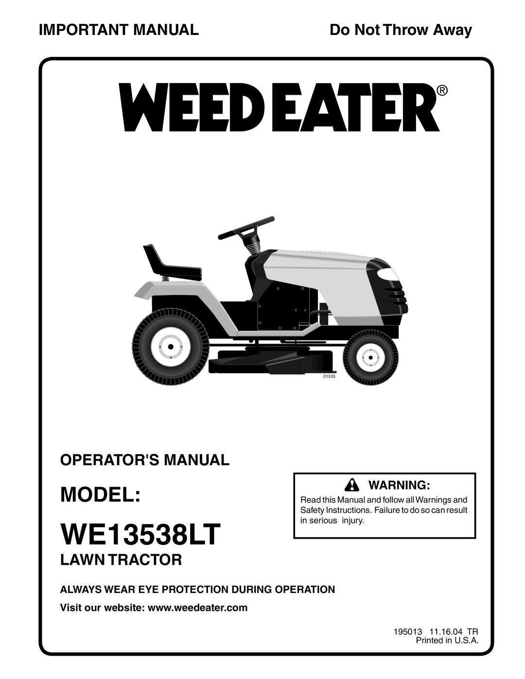 Poulan WE13538LT manual Model, Important Manual, Operators Manual, Lawn Tractor, Do Not Throw Away, 01533 