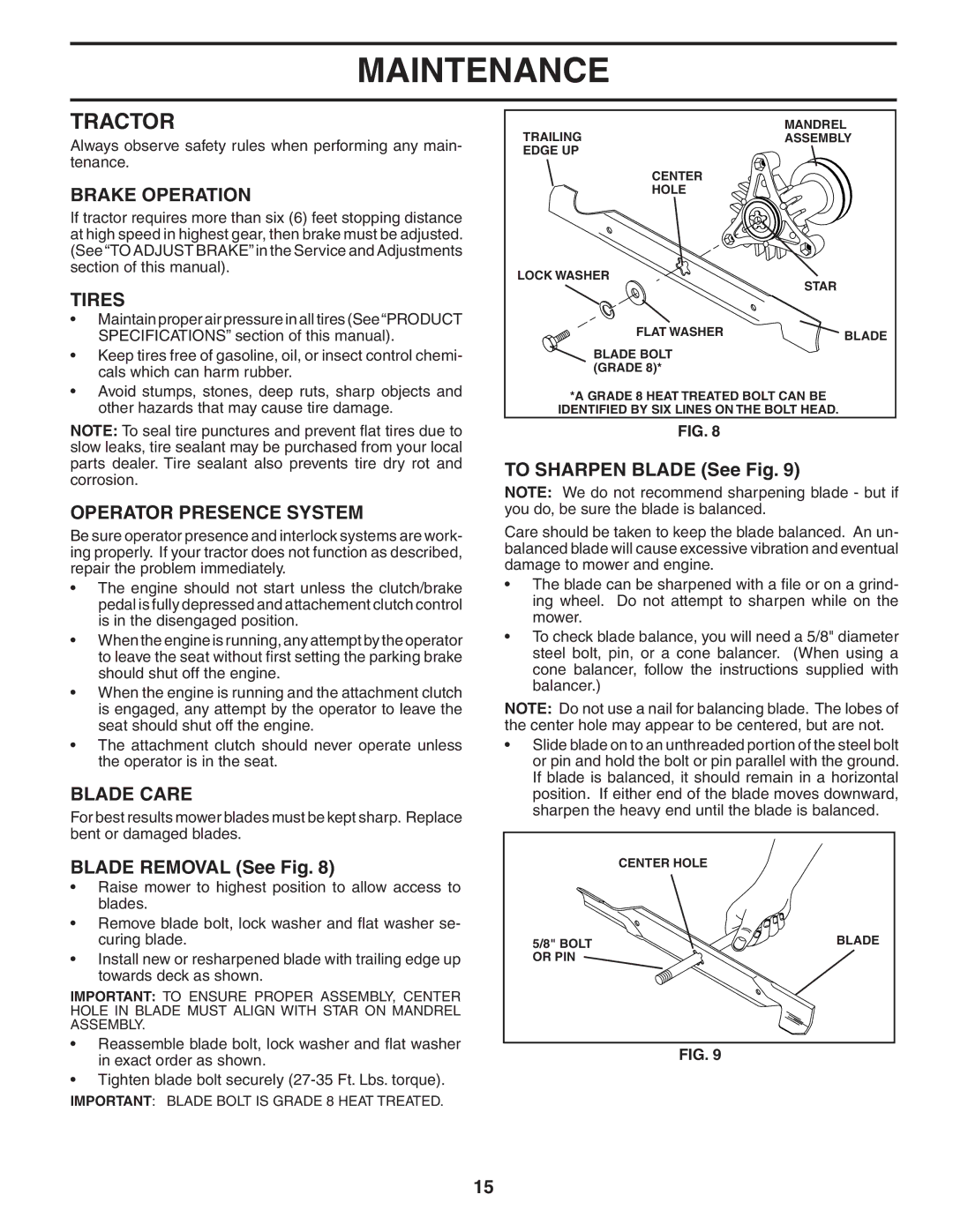 Poulan WE1538C manual Tractor, Brake Operation, Tires, Operator Presence System, Blade Care 