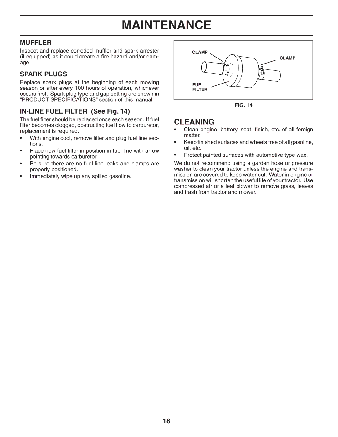 Poulan WE1538C manual Cleaning, Muffler, Spark Plugs, IN-LINE Fuel Filter See Fig 