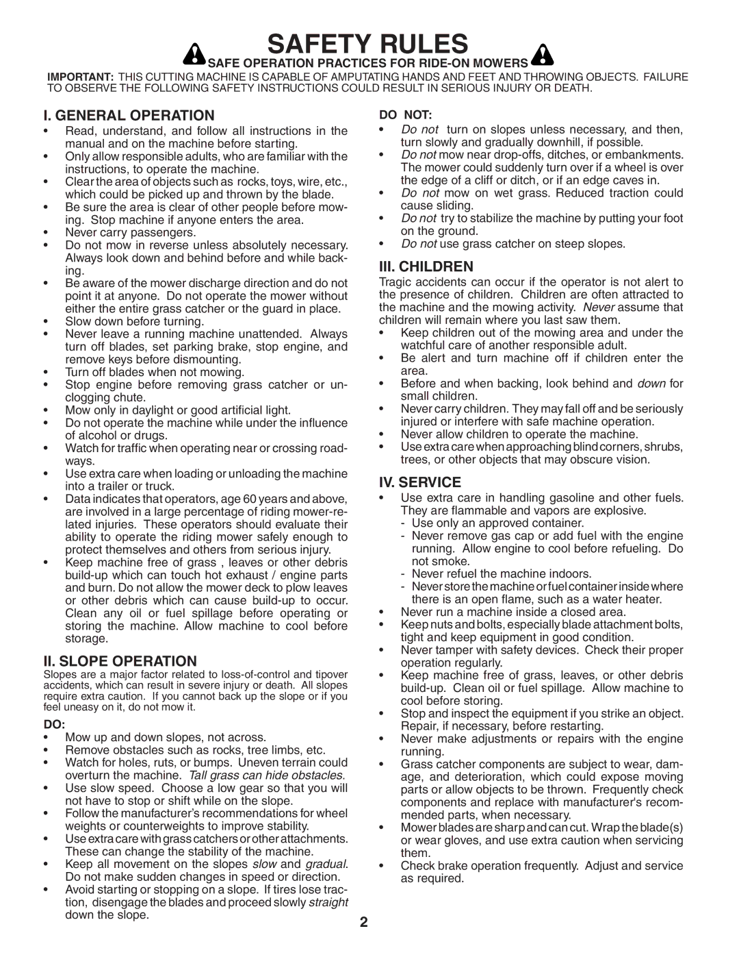 Poulan WE1538C manual Safety Rules, General Operation, II. Slope Operation, III. Children, IV. Service 