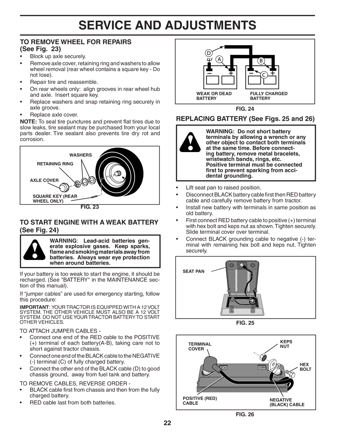 Poulan WE1538C To Remove Wheel for Repairs See Fig, To Start Engine with a Weak Battery See Fig, To Attach Jumper Cables 