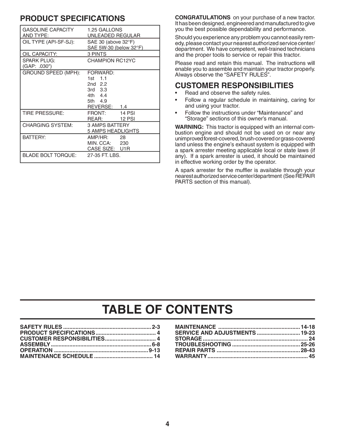 Poulan WE1538C manual Table of Contents 