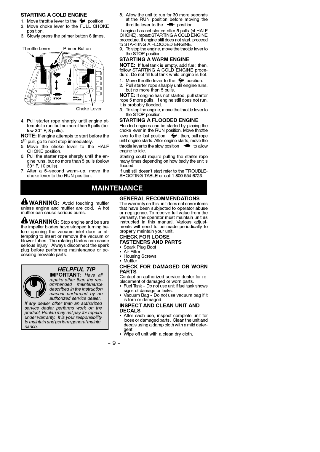 Poulan WT200 LE instruction manual Maintenance 