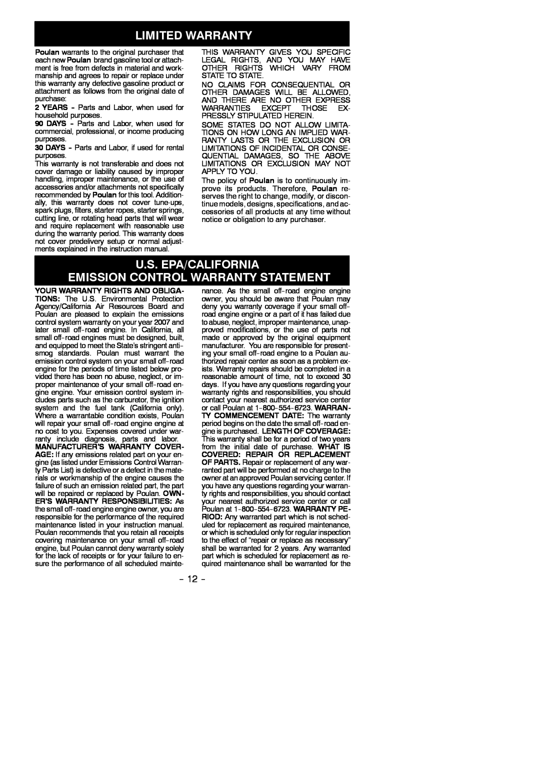 Poulan WT200 LE instruction manual Limited Warranty, U.S. Epa/California Emission Control Warranty Statement 
