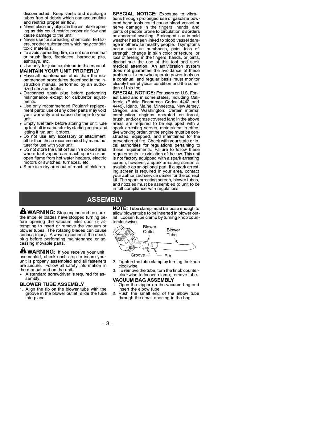 Poulan WT200 instruction manual Maintain Your Unit Properly, Blower Tube Assembly, Vacuum BAG Assembly 