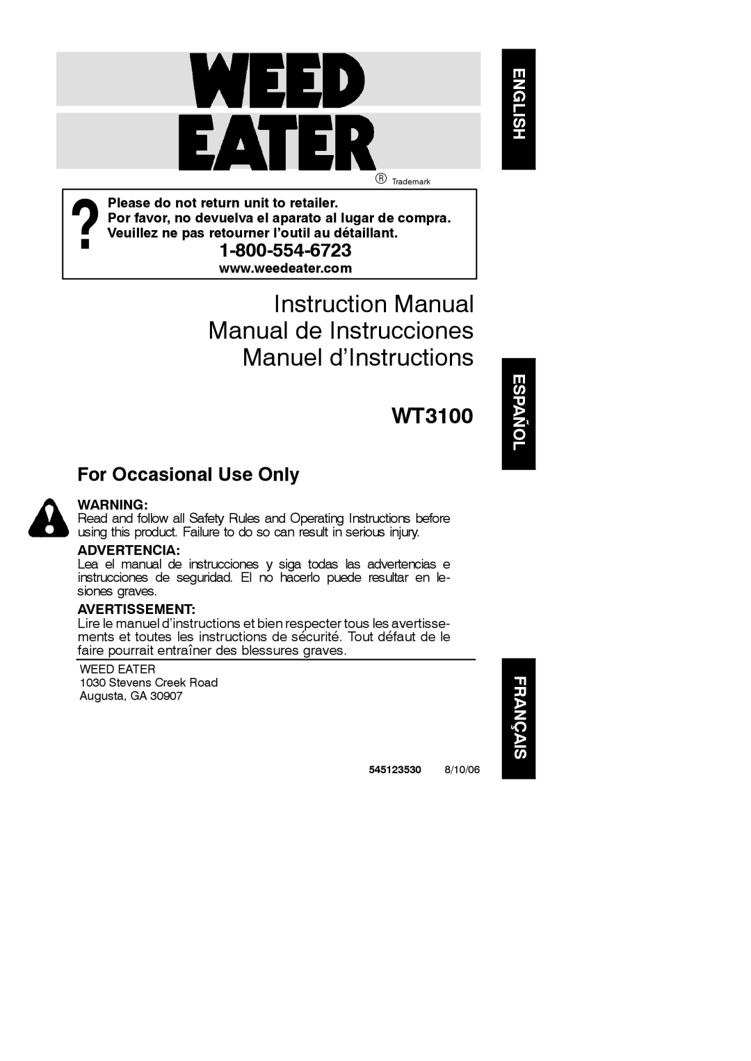 Poulan WT3100 instruction manual Manual de Instrucciones Manuel d’Instructions 