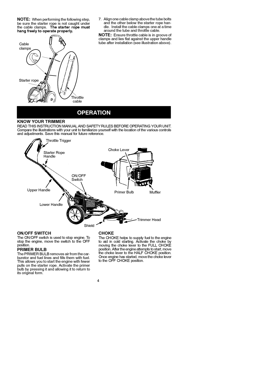 Poulan WT3100 instruction manual Operation, Know Your Trimmer, ON/OFF Switch, Primer Bulb, Choke 