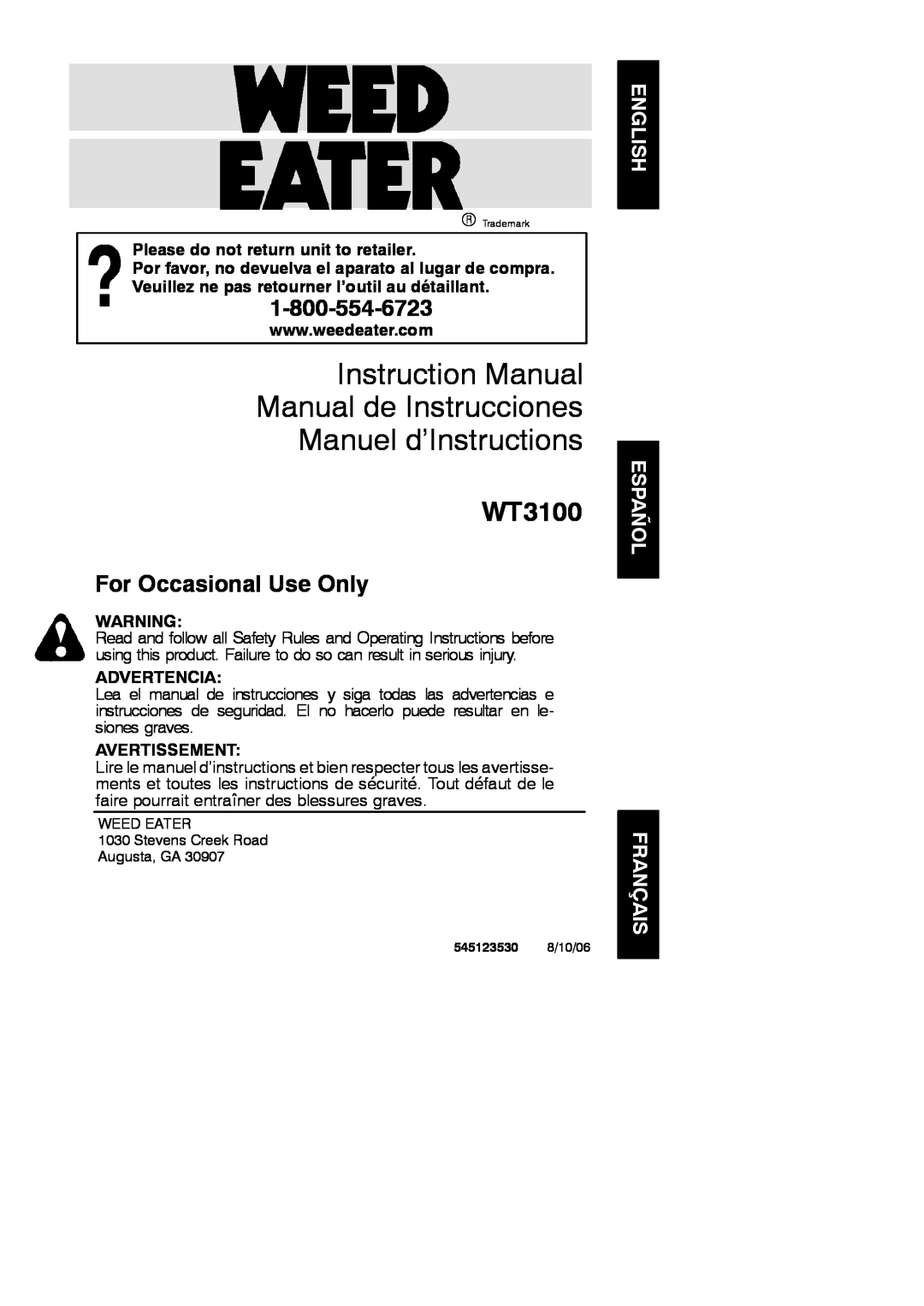 Poulan WT3100 instruction manual English Español Français, Manuel d’Instructions, For Occasional Use Only, Advertencia 