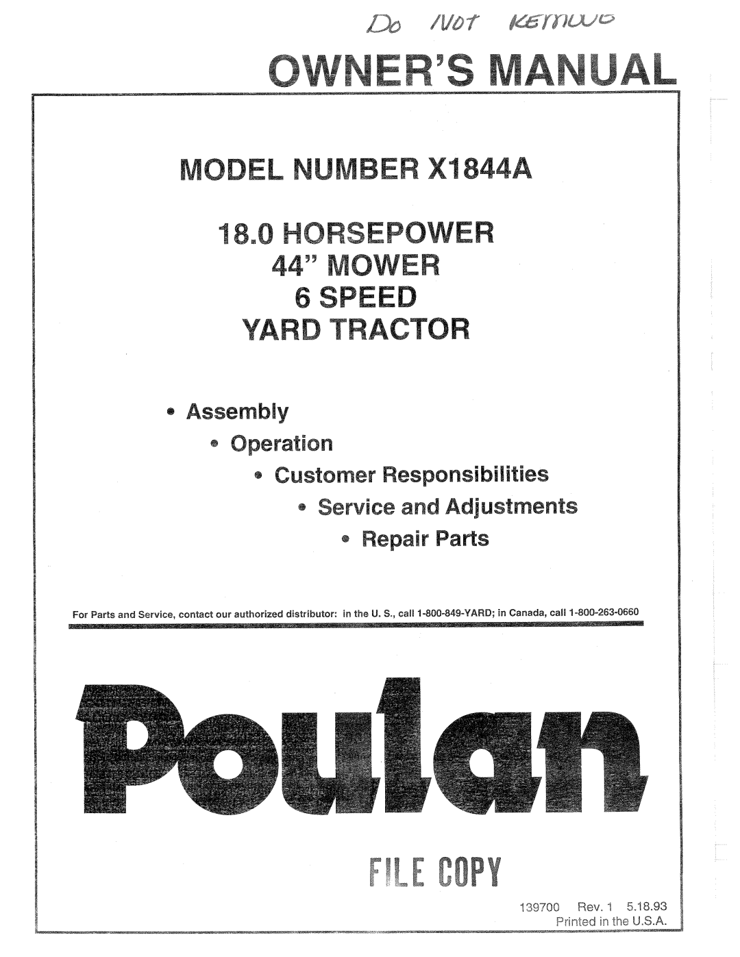 Poulan 139700, X1844A manual 