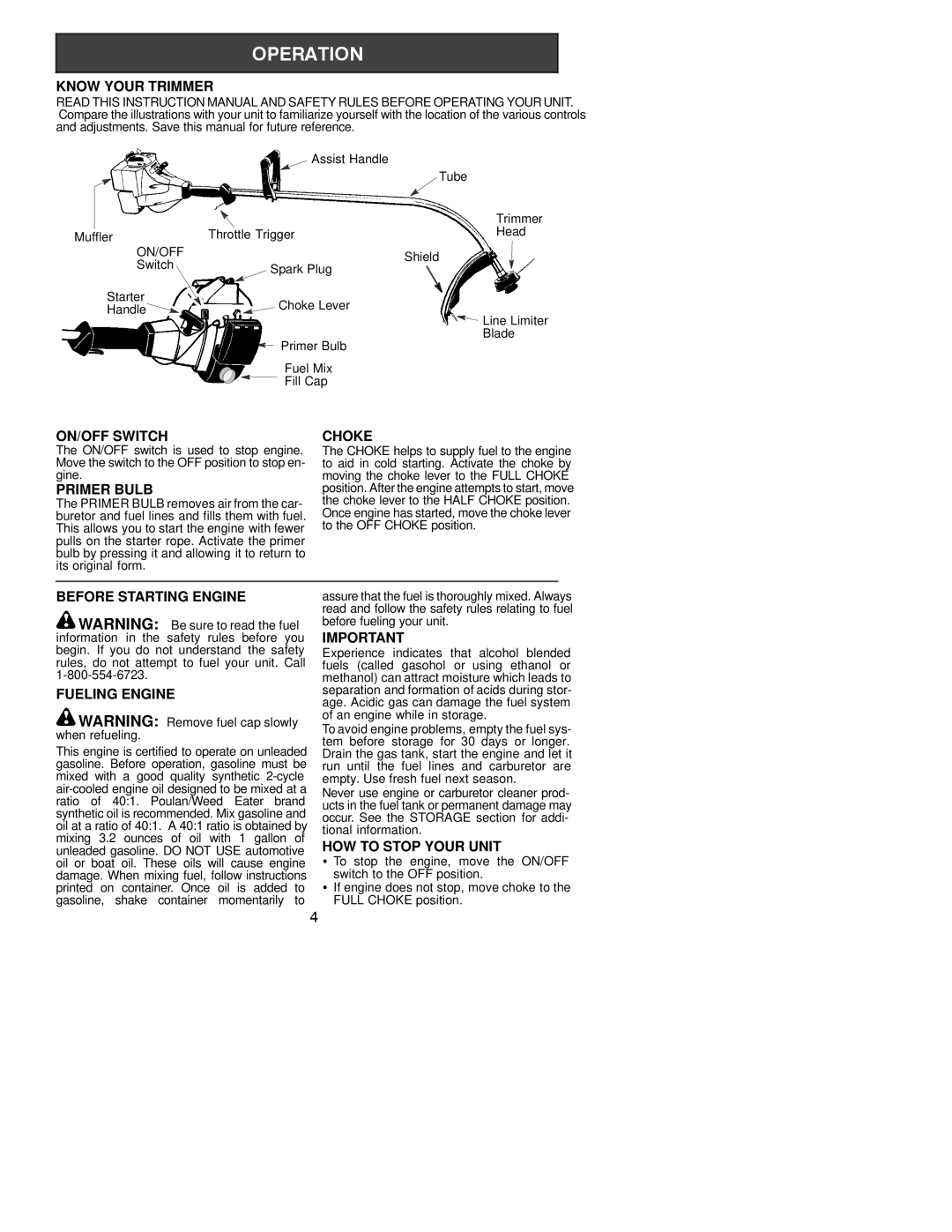 Poulan XT 300 Know Your Trimmer, ON/OFF Switch Choke, Primer Bulb, Before Starting Engine, Fueling Engine 