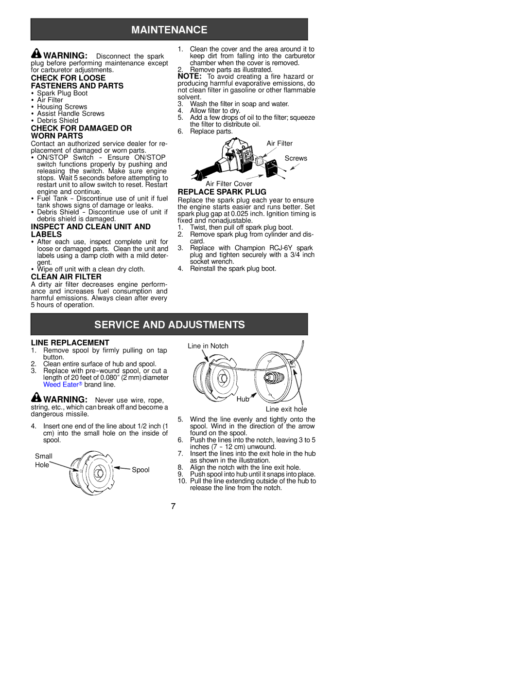 Poulan XT 300 Check for Loose Fasteners and Parts, Check for Damaged or, Worn Parts, Replace Spark Plug, Labels 