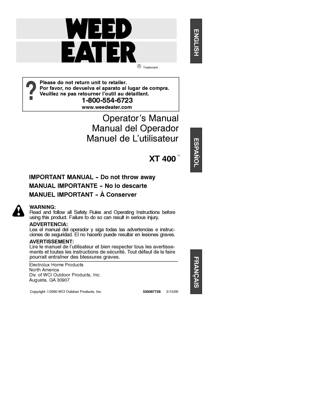 Poulan XT 400 manual Advertencia, Avertissement 