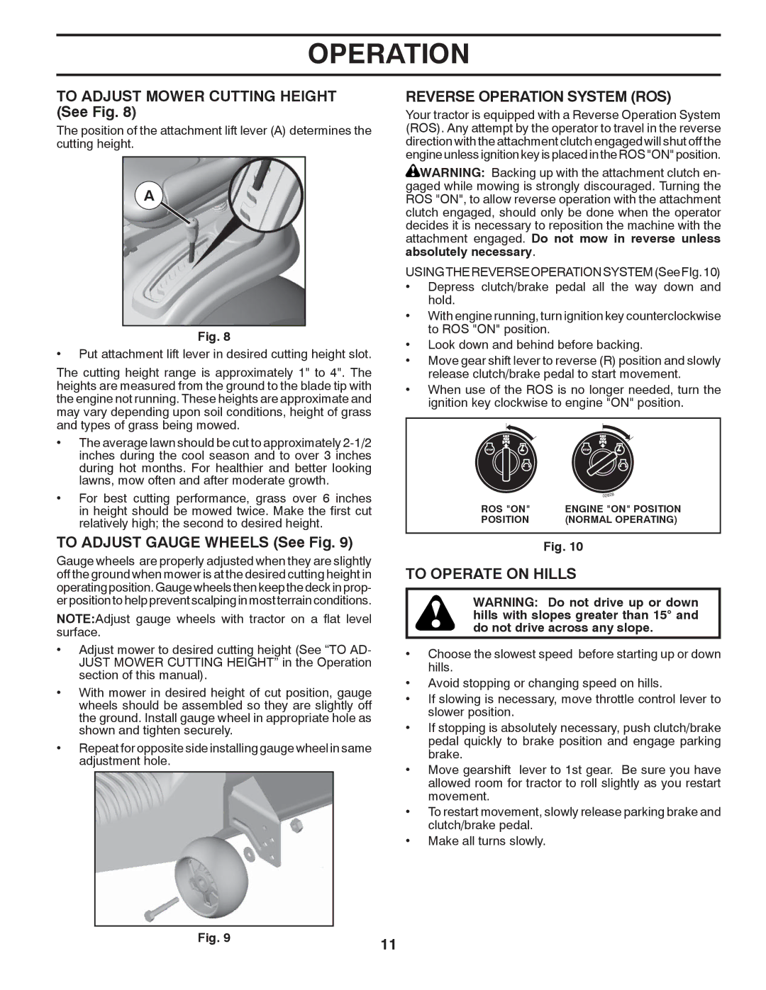 Poulan XT18542LT To Adjust Mower Cutting Height See Fig, To Adjust Gauge Wheels See Fig, Reverse Operation System ROS 