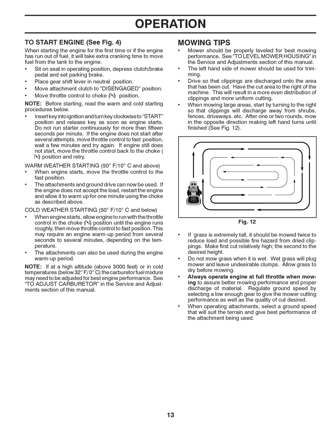 Poulan XT18542LT manual Mowing Tips, To Start Engine See Fig 