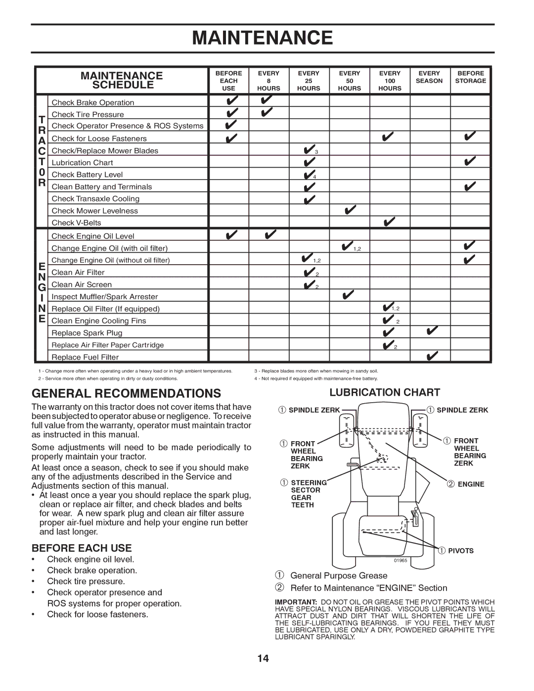 Poulan XT18542LT manual Maintenance, General Recommendations 