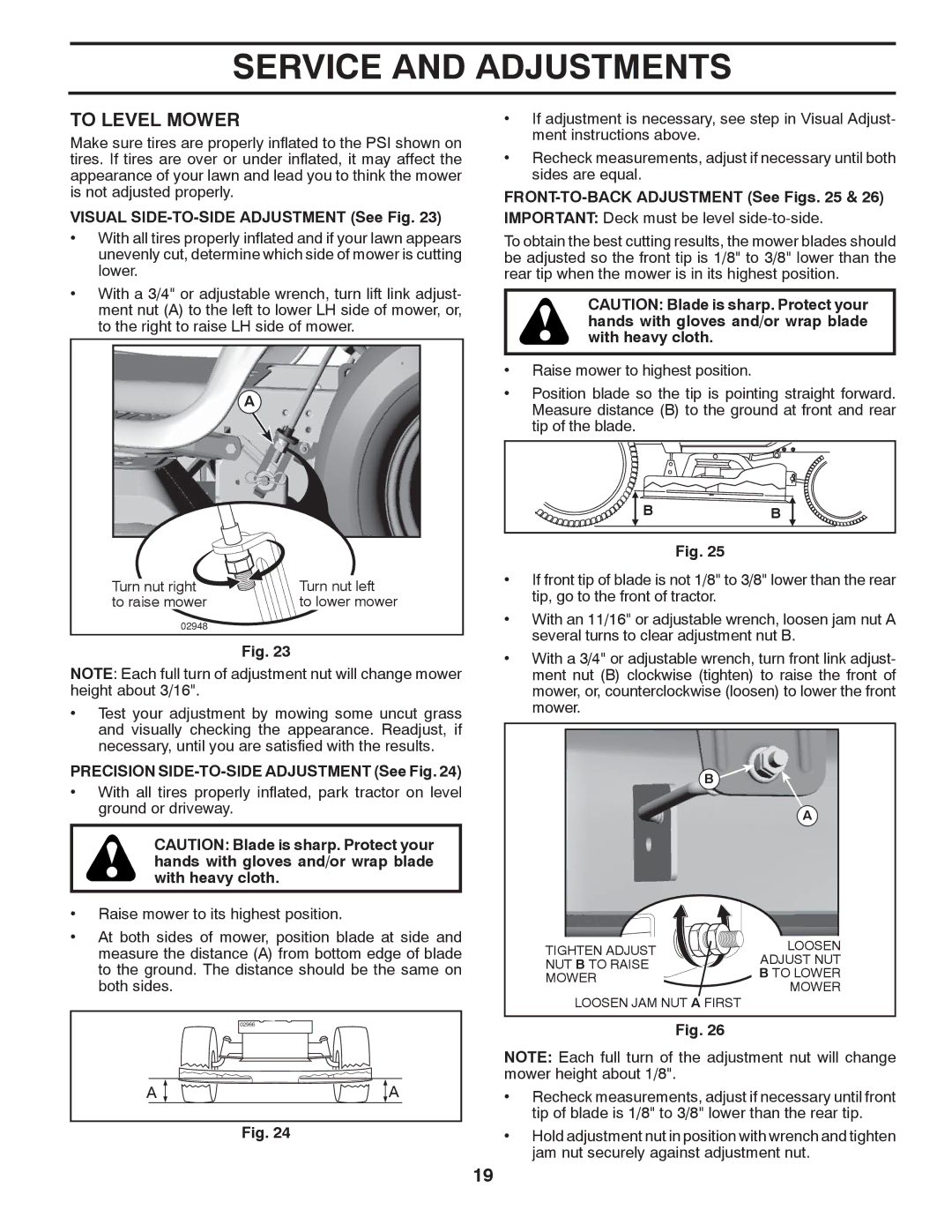 Poulan XT18542LT manual To Level Mower, Visual SIDE-TO-SIDE Adjustment See Fig, Precision SIDE-TO-SIDE Adjustment See Fig 