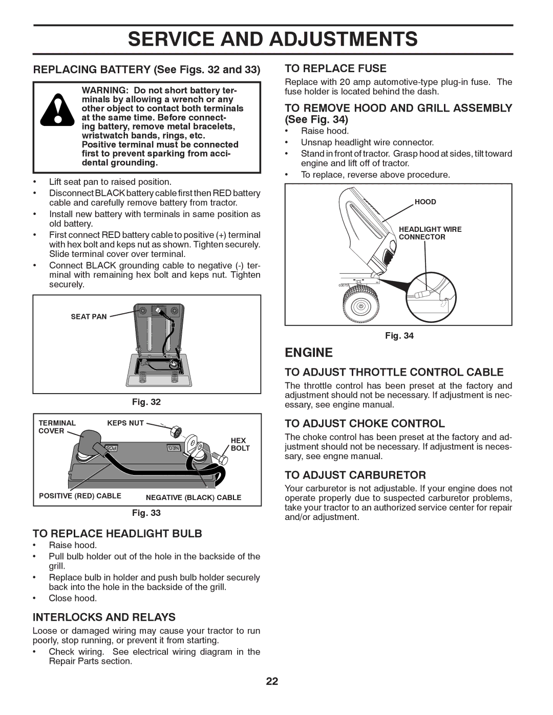 Poulan XT18542LT manual To Replace Headlight Bulb, Interlocks and Relays, To Replace Fuse, To Adjust Throttle Control Cable 